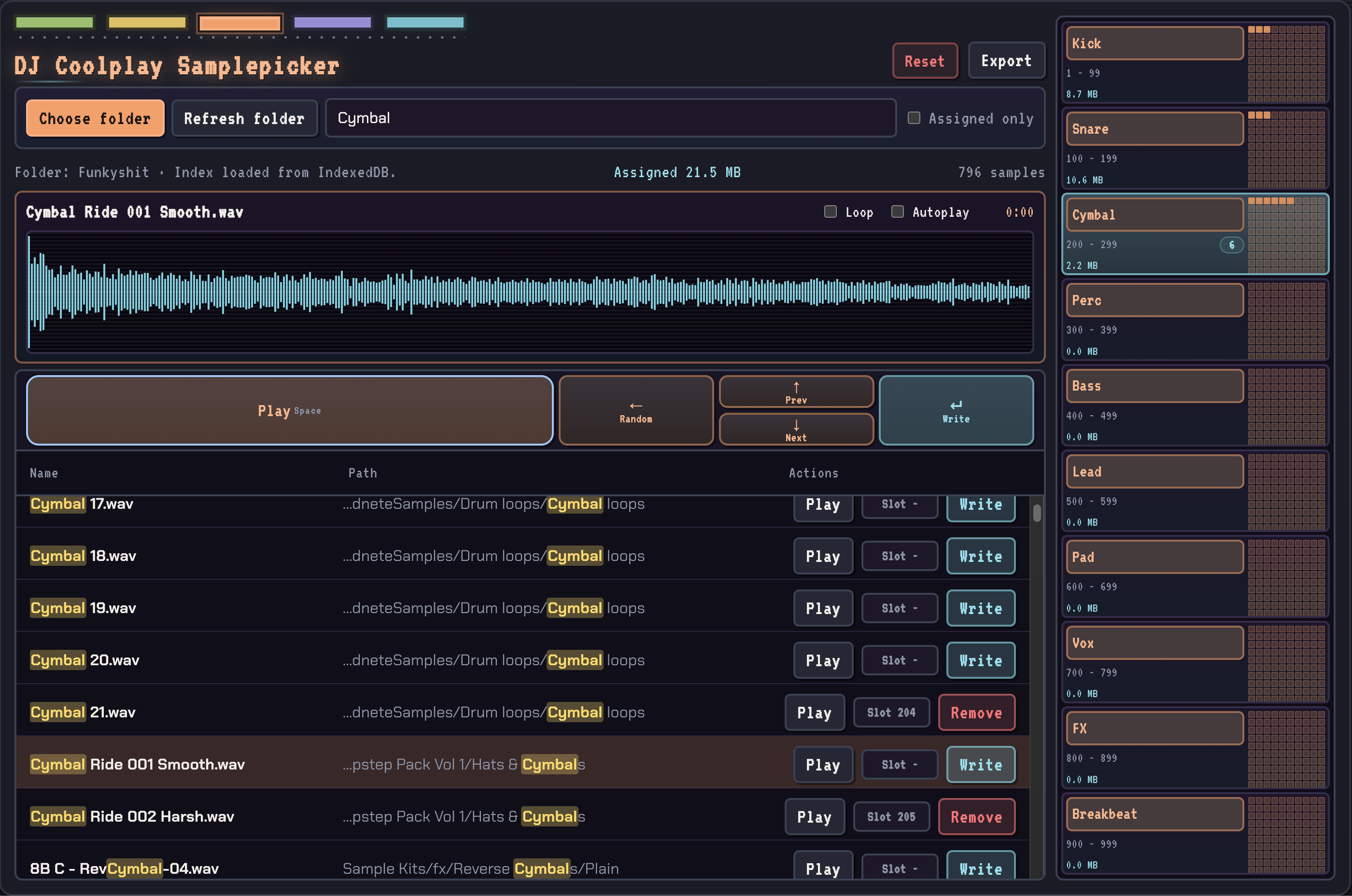 Screenshot of the DJ Coolplay Samplepicker web app